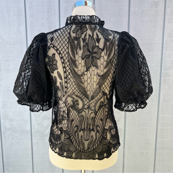 Story On Lace Sheer Balloon Sleeve Blouse Top Short Sleeve Black - Picture 6 of 12